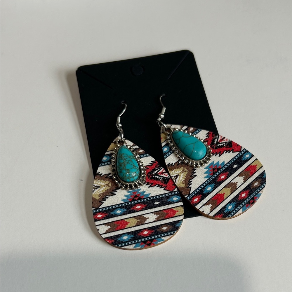 Turquoise Teardrop Aztec-Print Dangle Earrings
